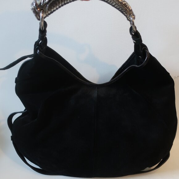 Authentic YSL Yves Saint Laurent Black Suede Mombasa Silver Horn Hobo Handbag - Picture 10 of 16